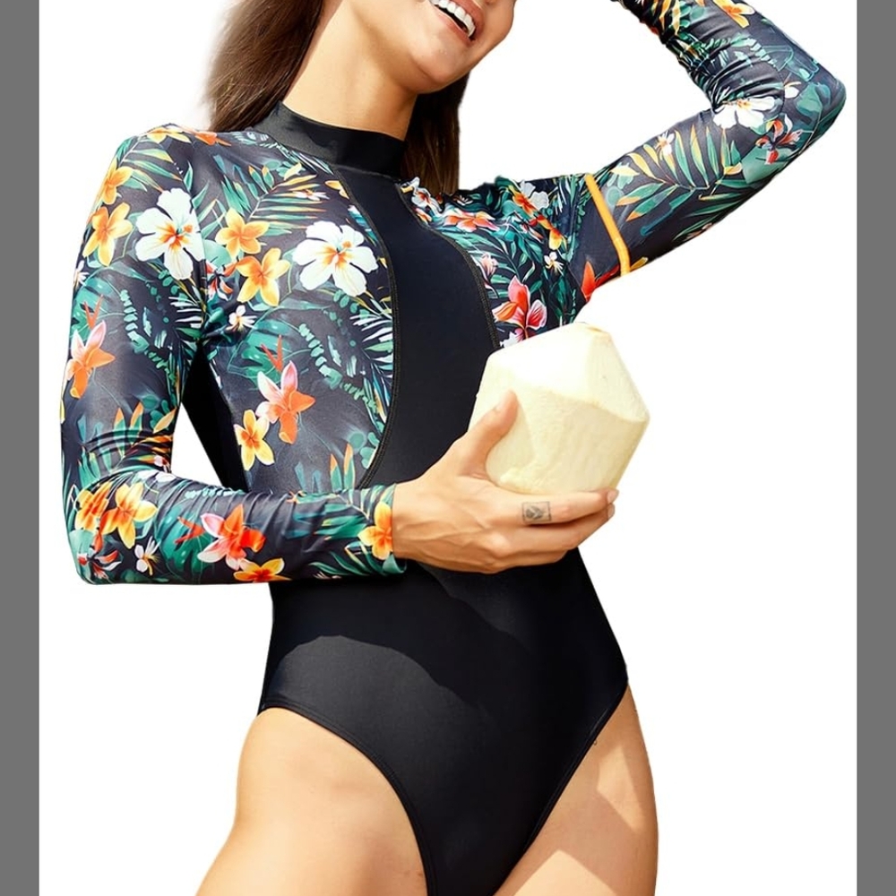 ♥️LafyKoly Women's One Piece Long Sleeve Rash Guard UV Protection Printed XL